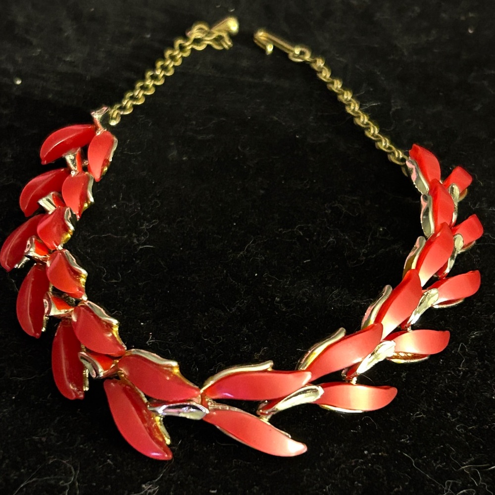 Vintage, MCM,Claudette signed, leaf-design choker, red thermoset.